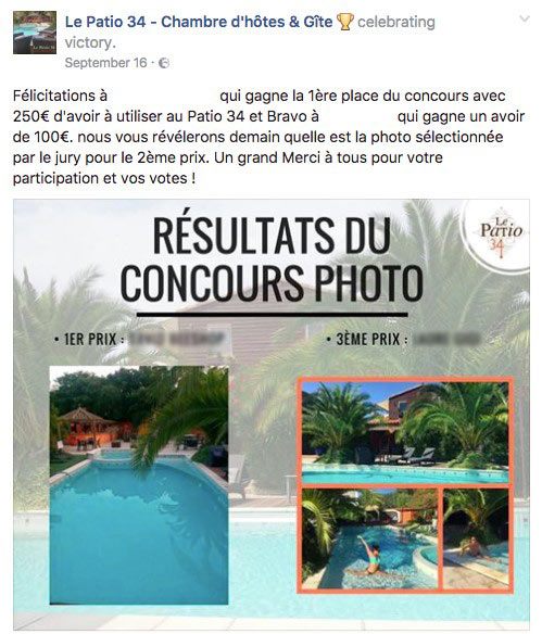 Post Facebook qui annonce les 2 gagnants d'un jeu concours