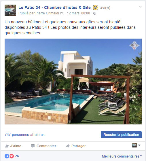 Publication Facebook d'une chambre d'hôtes à proximité de Montpellier
