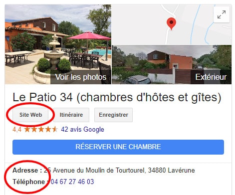 Informations de contact d'un hôtel sur Google My Business